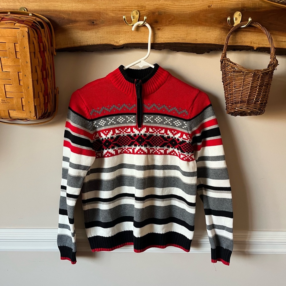 Hanna Andersson Red White Black Fair Isle Quarter Zip Cotton Sweater 150 L 10/12